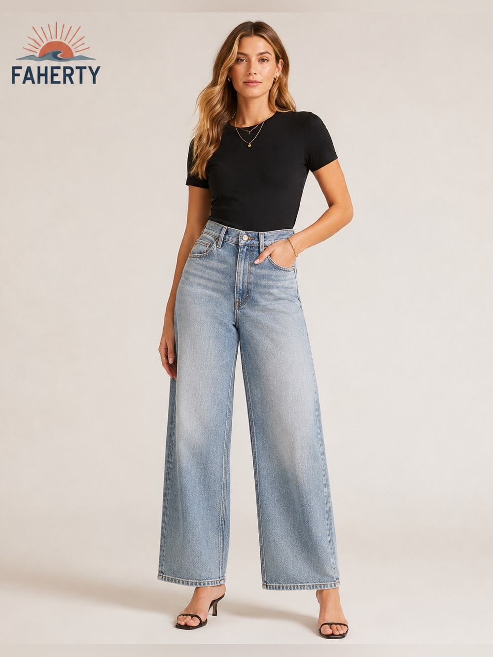 Faherty The Feel Good Special Wide Leg Jeans Light Wash W28